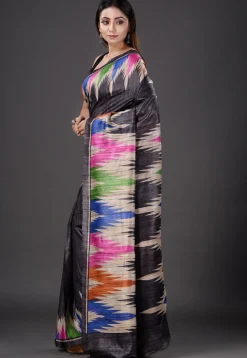 Printed Pure Ghicha Silk Saree in Black