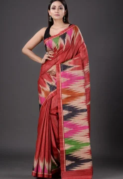Printed Pure Ghicha Silk Saree in Red