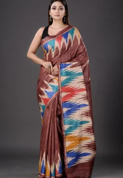 Printed Pure Ghicha Silk Saree in Brown