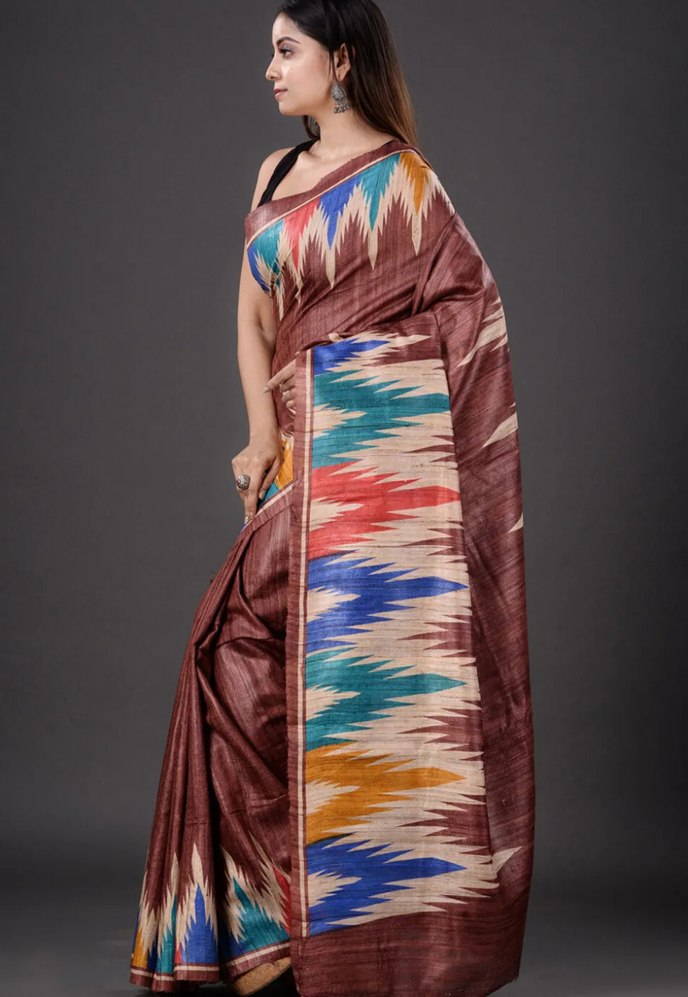 Printed Pure Ghicha Silk Saree in Brown