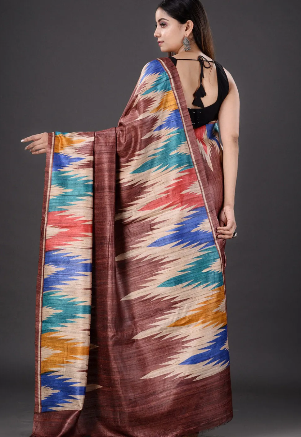 Printed Pure Ghicha Silk Saree in Brown