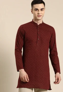 Printed Pure Linen Short Kurta in Maroon