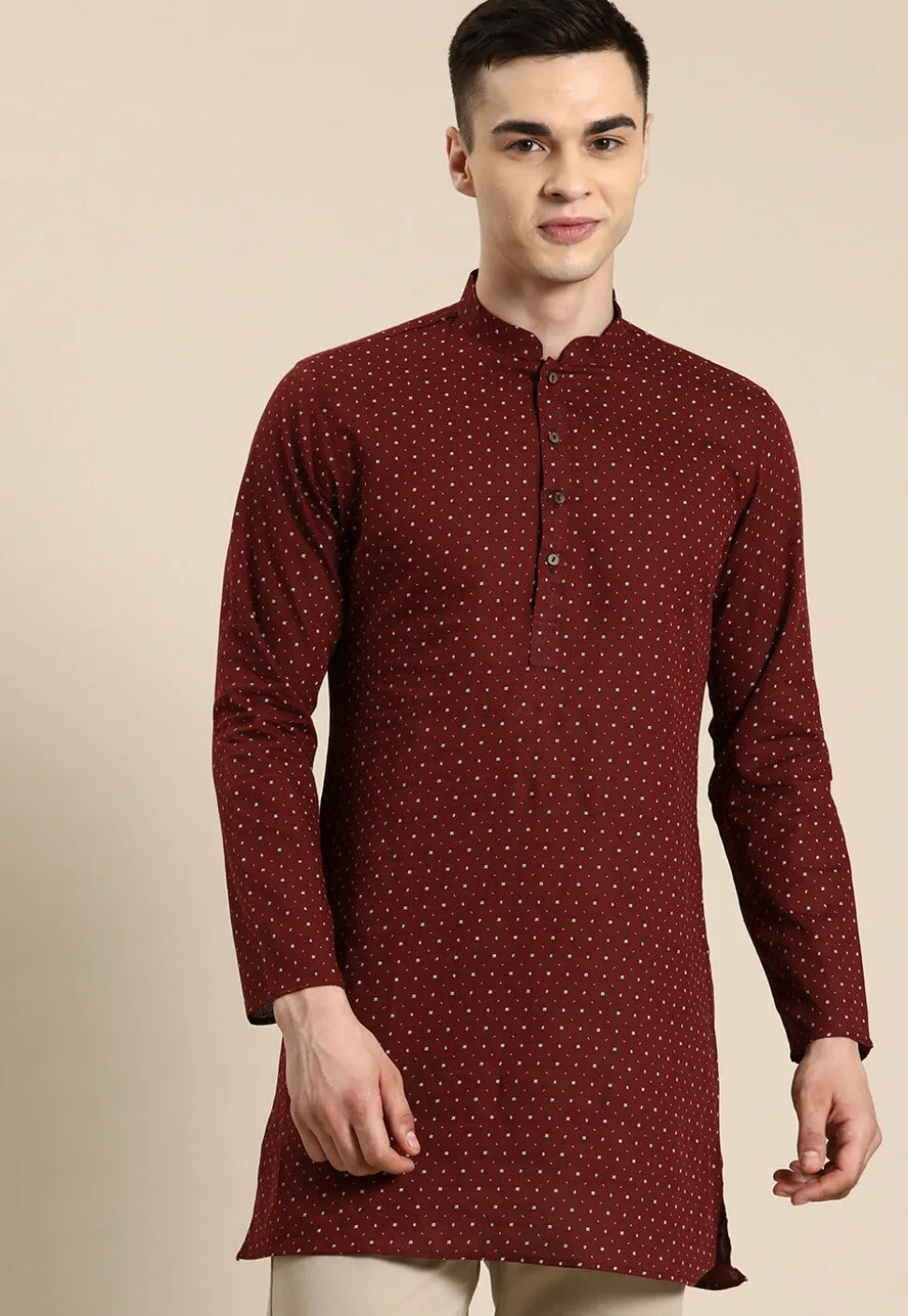 Printed Pure Linen Short Kurta in Maroon