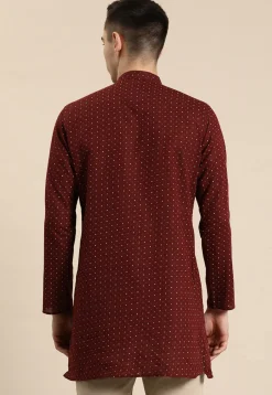 Printed Pure Linen Short Kurta in Maroon