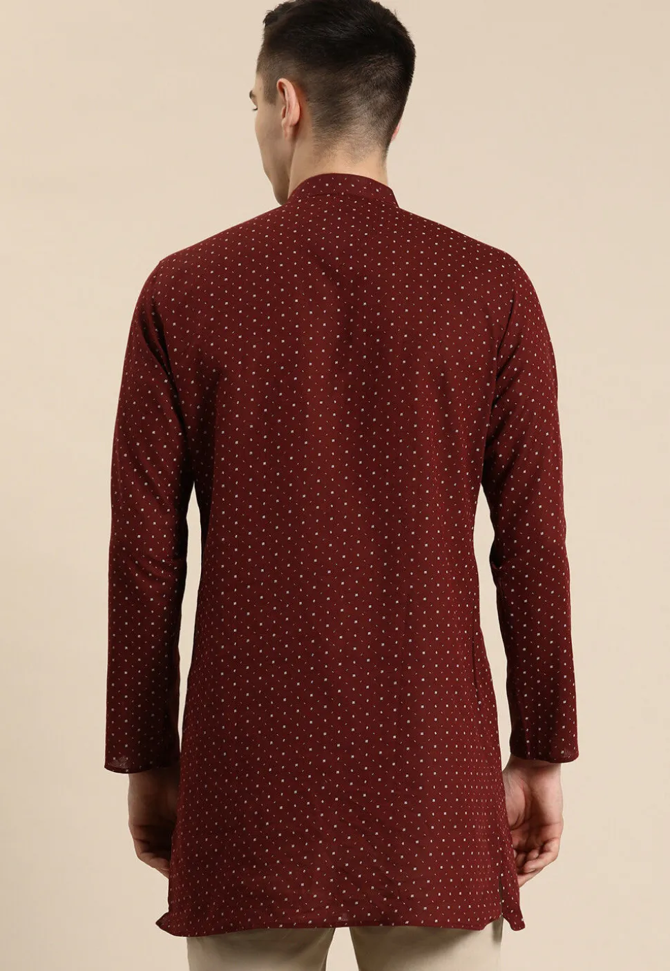 Printed Pure Linen Short Kurta in Maroon