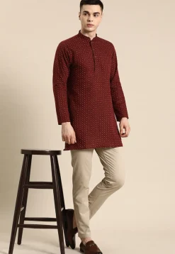 Printed Pure Linen Short Kurta in Maroon