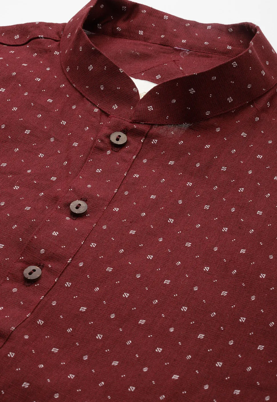 Printed Pure Linen Short Kurta in Maroon