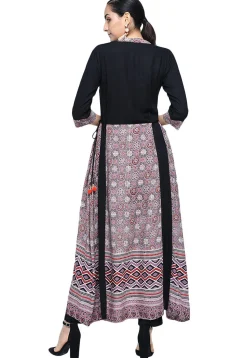 Printed Rayon A Line Kurta in Black and Pink