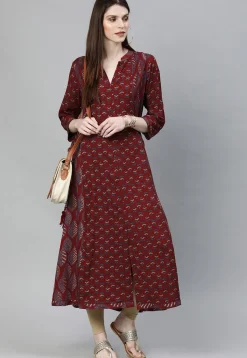 Printed Rayon A Line Kurta in Maroon