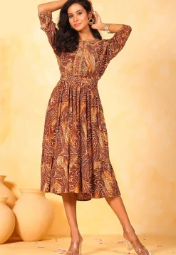 Printed Rayon Aline Dress in Brown and Mustard