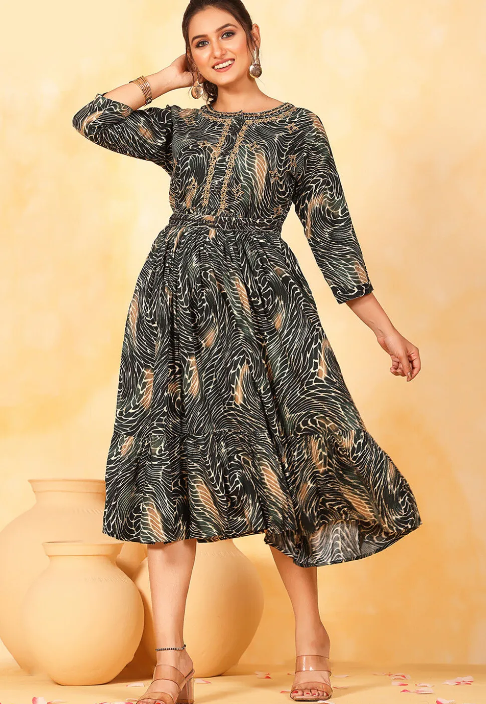 Printed Rayon Aline Dress in Black and Olive Green