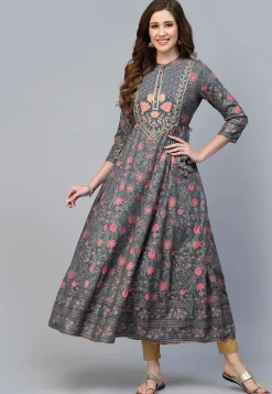 Printed Rayon Aline Kurta in Grey