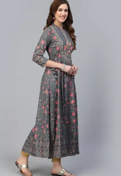 Printed Rayon Aline Kurta in Grey