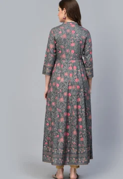 Printed Rayon Aline Kurta in Grey