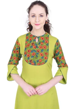 Printed Rayon A-Line Suit in Olive Green