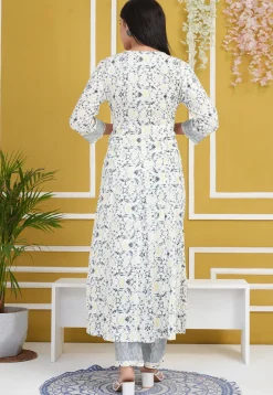 Printed Rayon Cotton Anarkali Suit in Off White