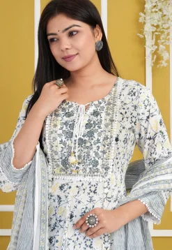 Printed Rayon Cotton Anarkali Suit in Off White