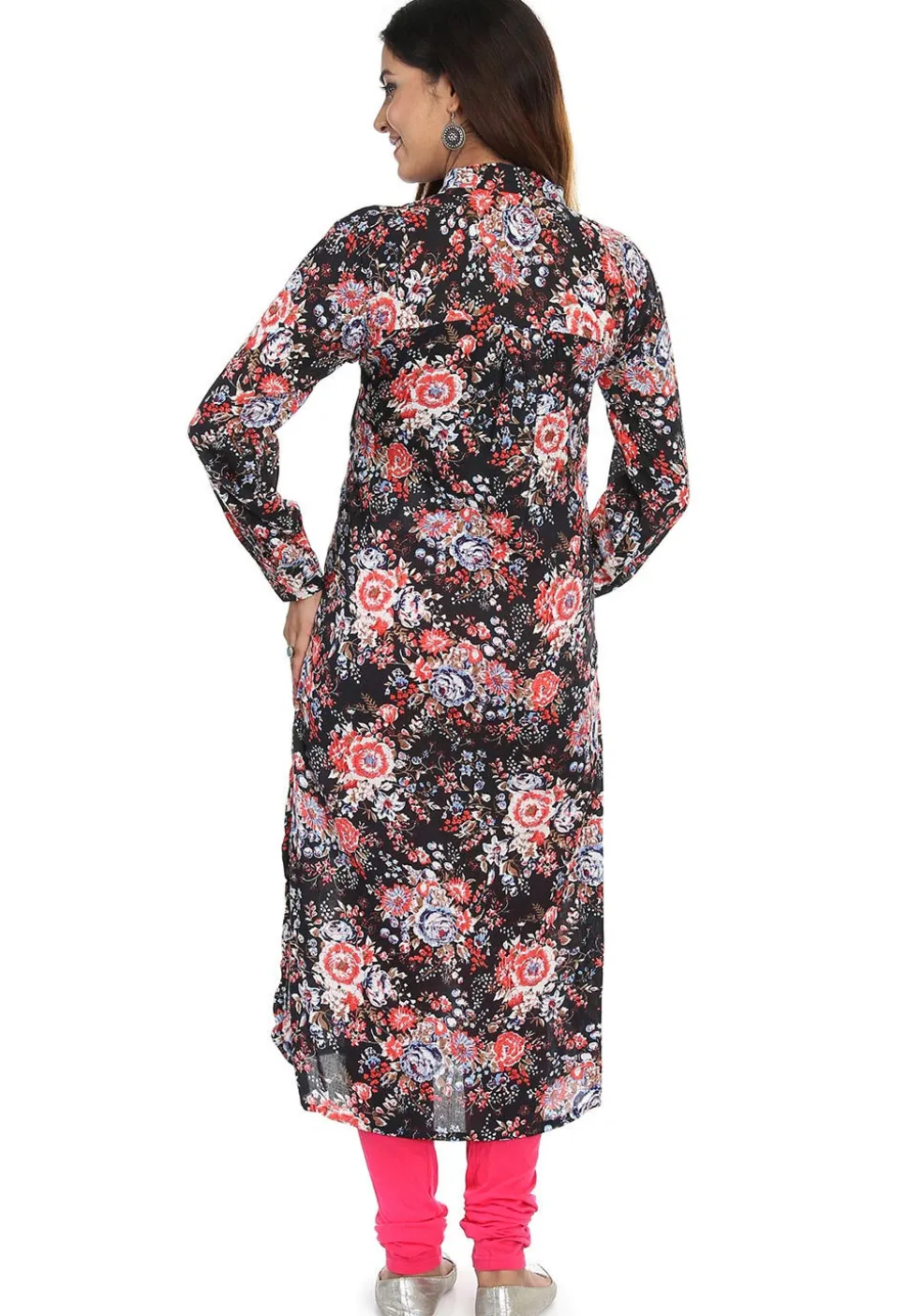 Printed Rayon Front Slit Long Kurta in Black and Multicolor
