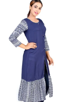 Printed Rayon Front Slit Ruffled Kurta in Navy Blue
