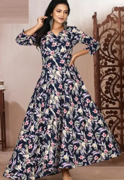 Printed Rayon Gown in Blue