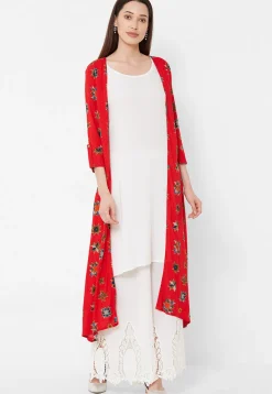 Printed Rayon Jacket Style Kurta in Off White and Red