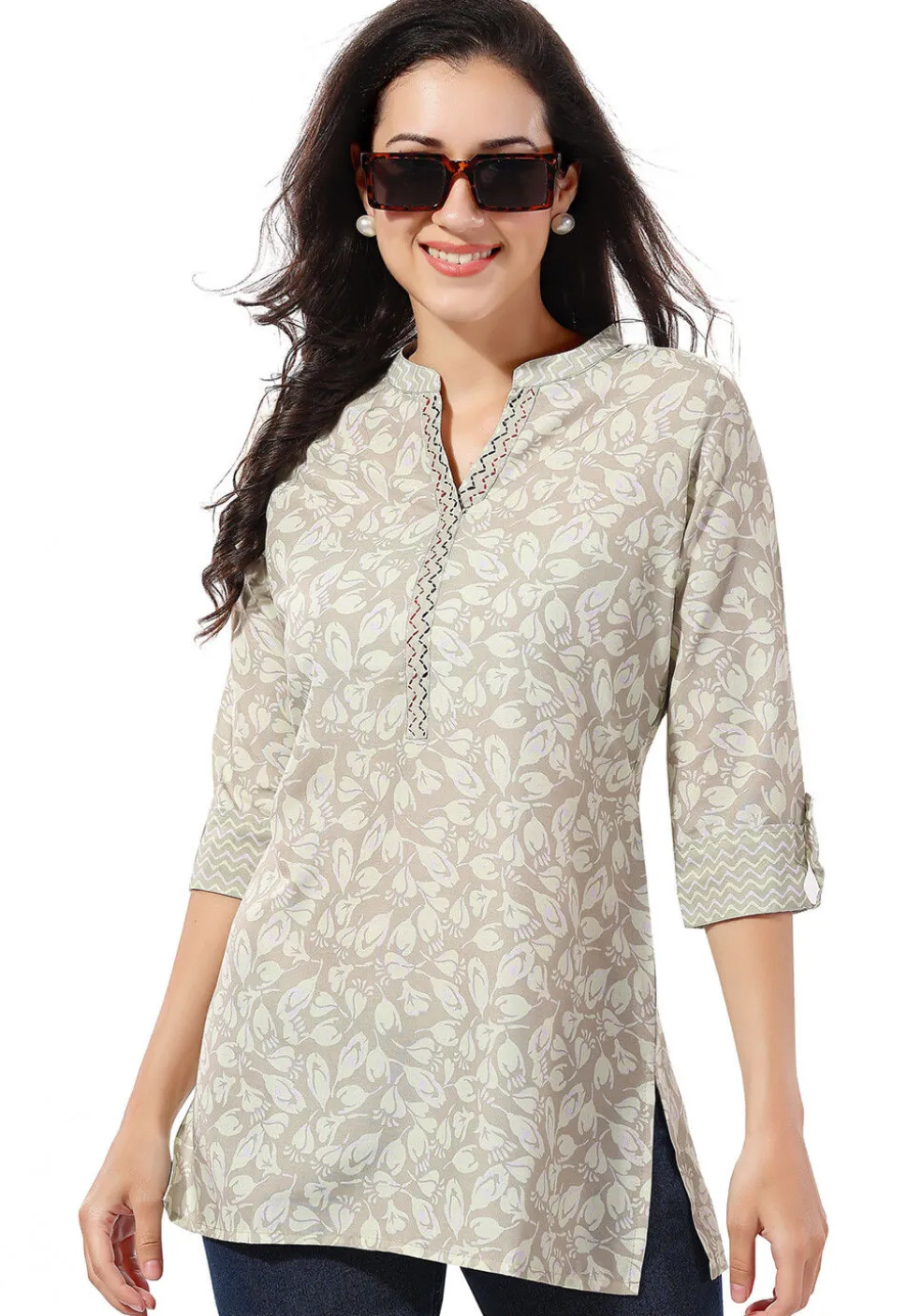 Printed Rayon Kurti in Light Grey
