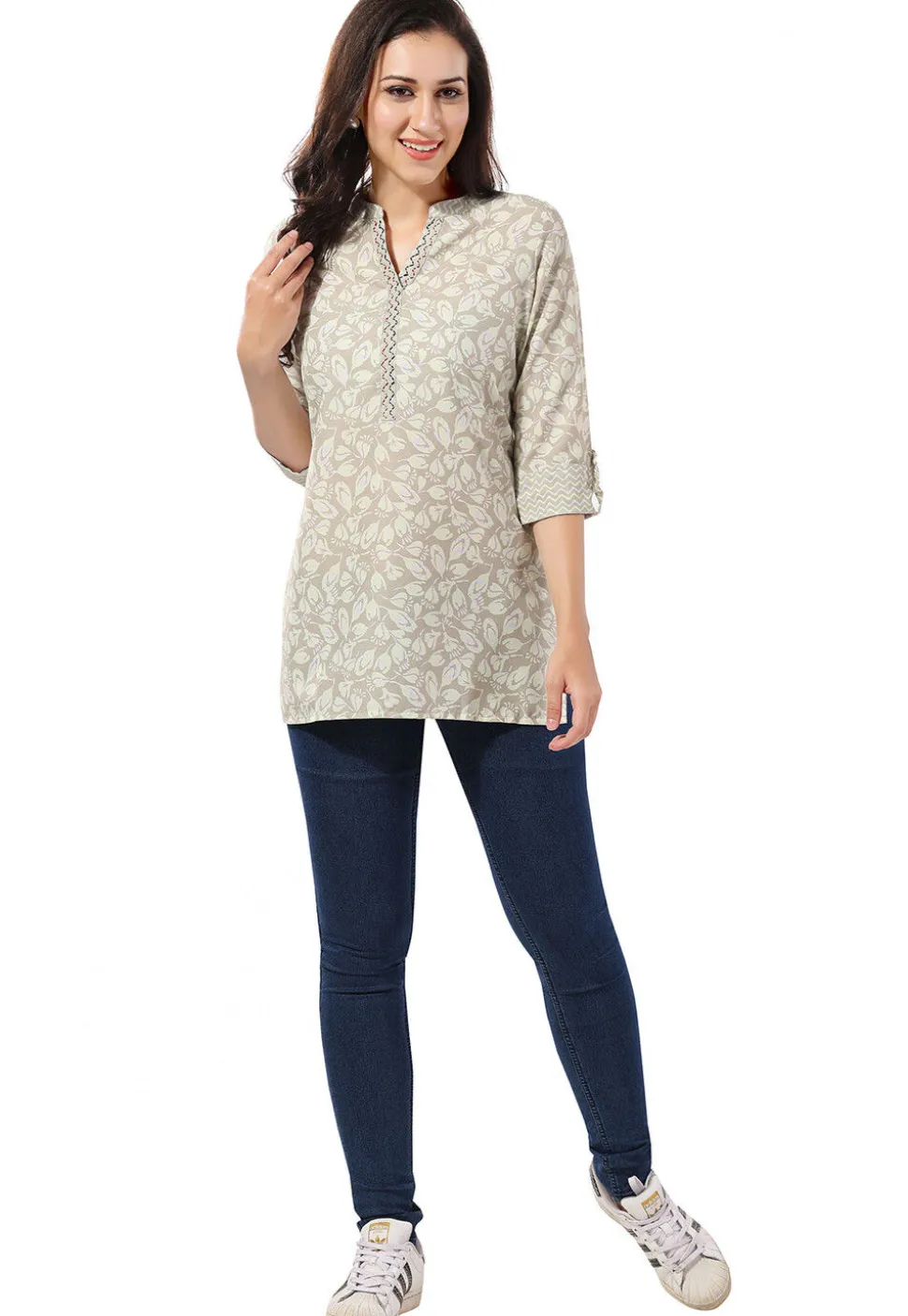 Printed Rayon Kurti in Light Grey