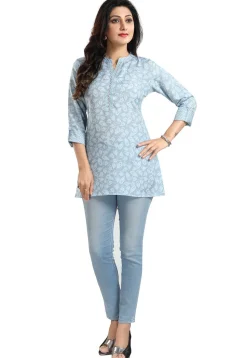 Printed Rayon Kurti in Light Blue