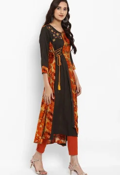 Printed Rayon Layered Kurta in Orange and Brown