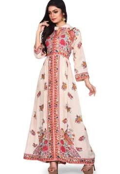 Printed Rayon Long Kurta in Light Beige