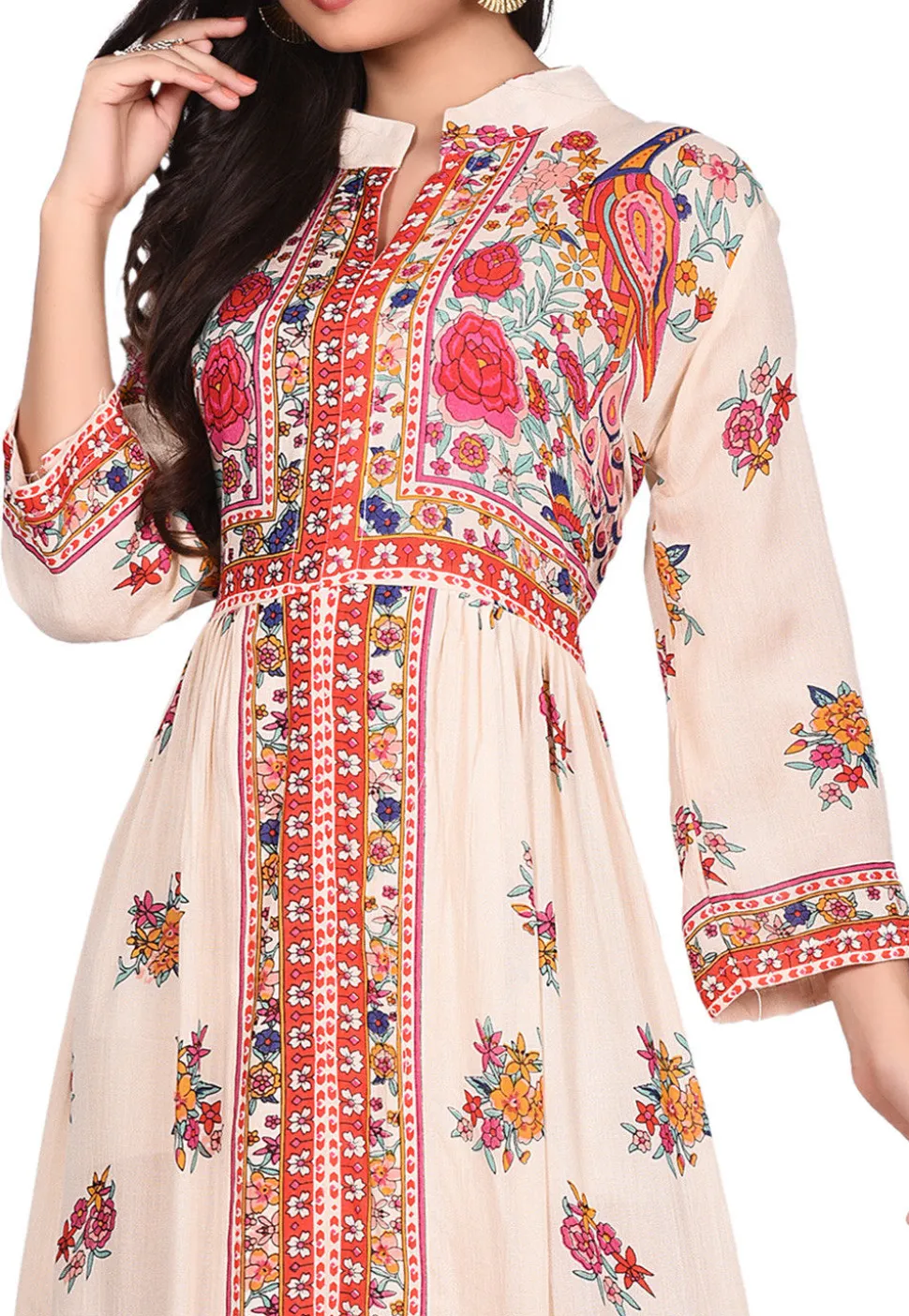 Printed Rayon Long Kurta in Light Beige