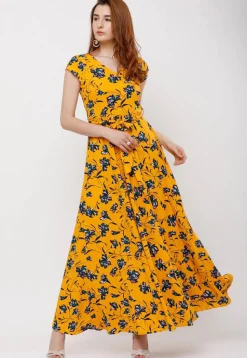 Printed Rayon Maxi Dress in Yellow