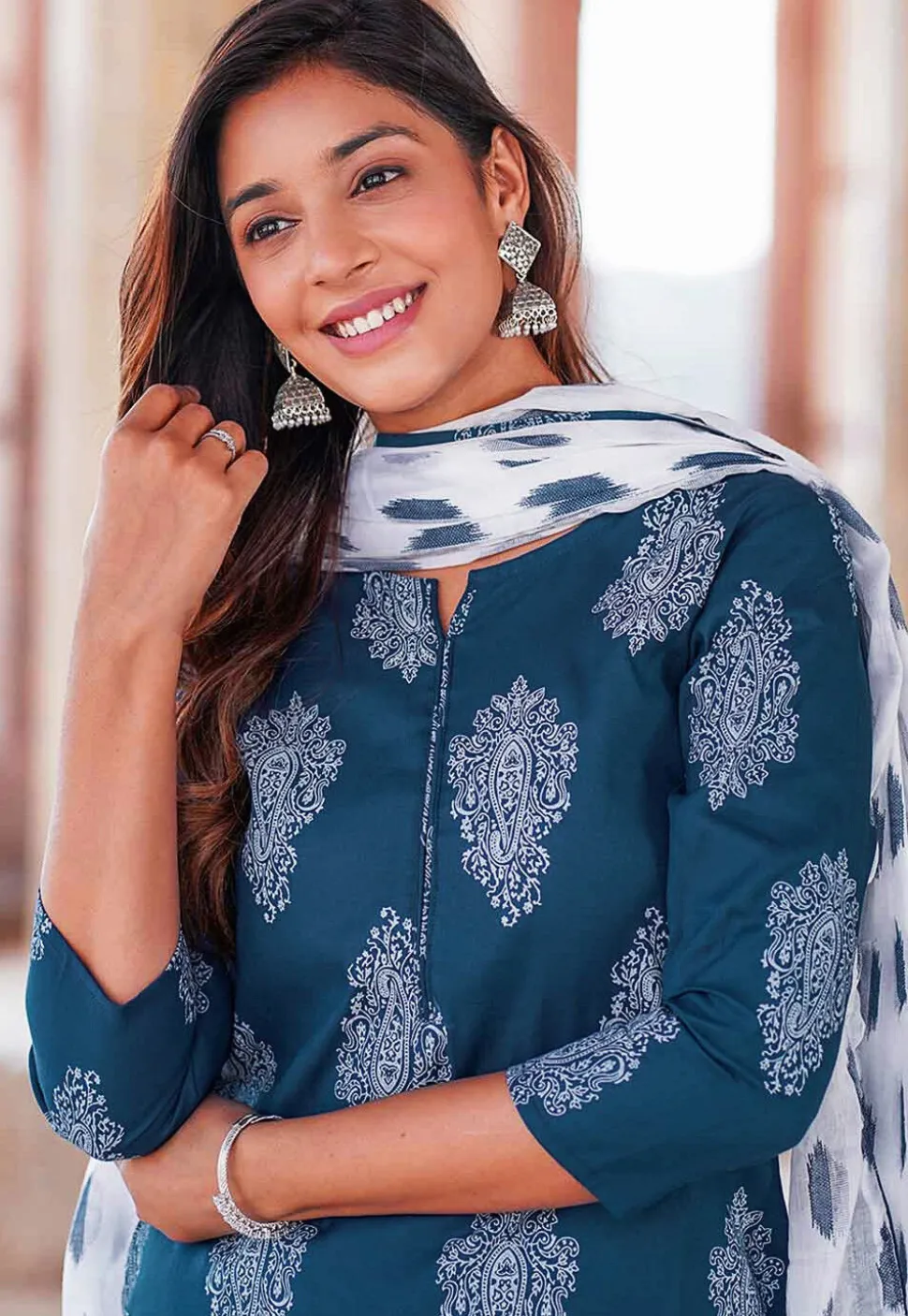 Printed Rayon Pakistani Suit in Blue