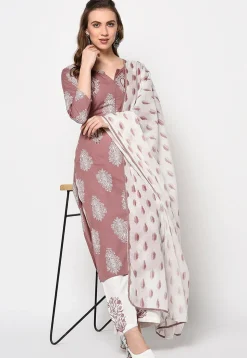 Printed Rayon Pakistani Suit in Old Rose