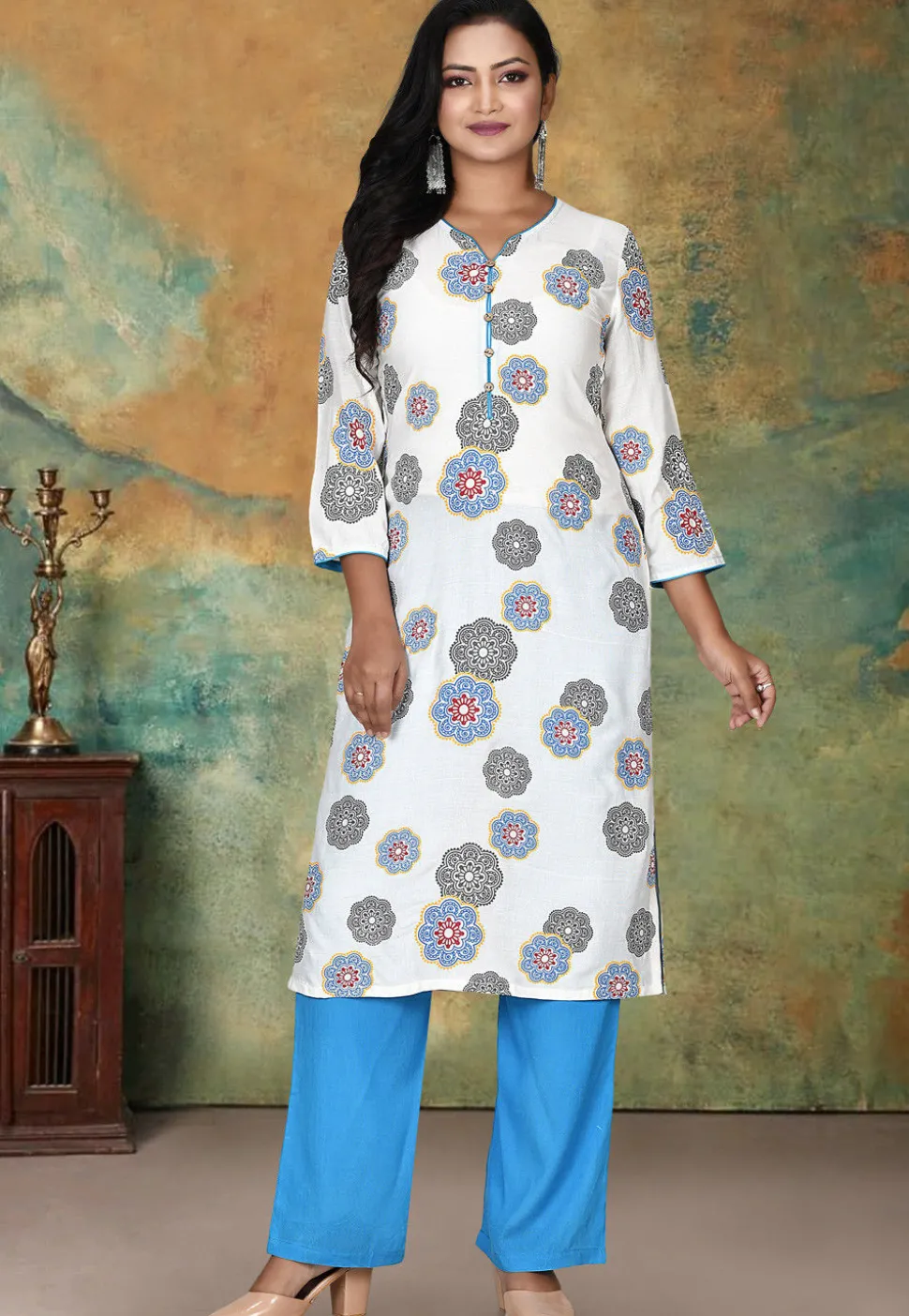 Printed Rayon Pakistani Suit in Off White