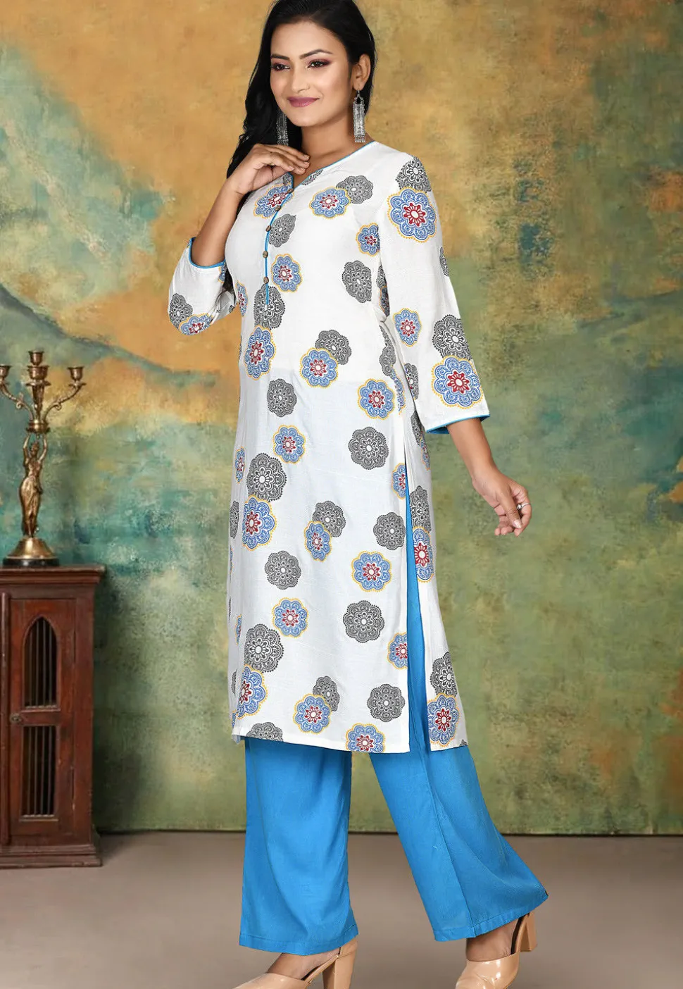 Printed Rayon Pakistani Suit in Off White