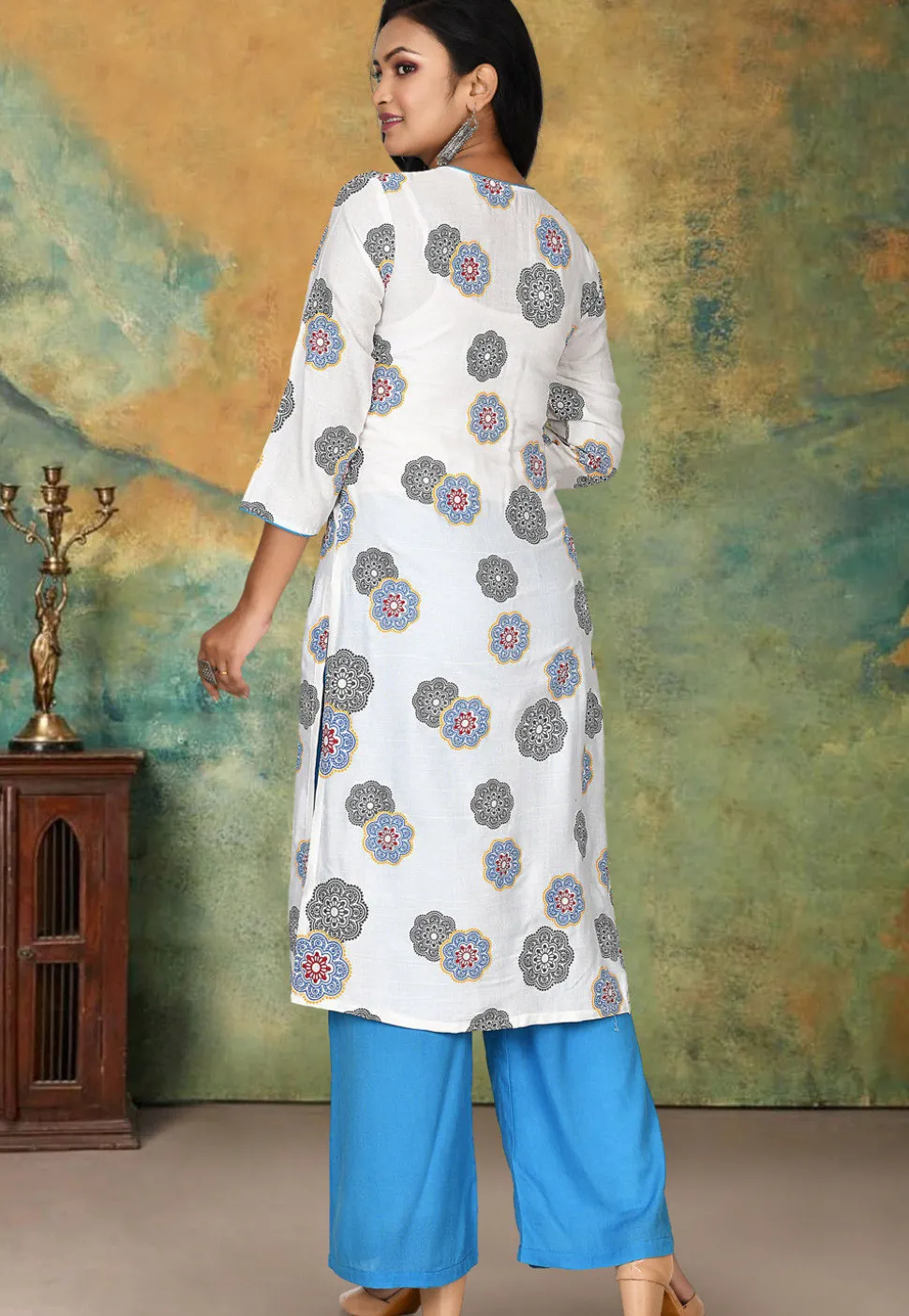 Printed Rayon Pakistani Suit in Off White