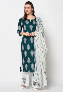 Printed Rayon Pakistani Suit in Dark Teal Green