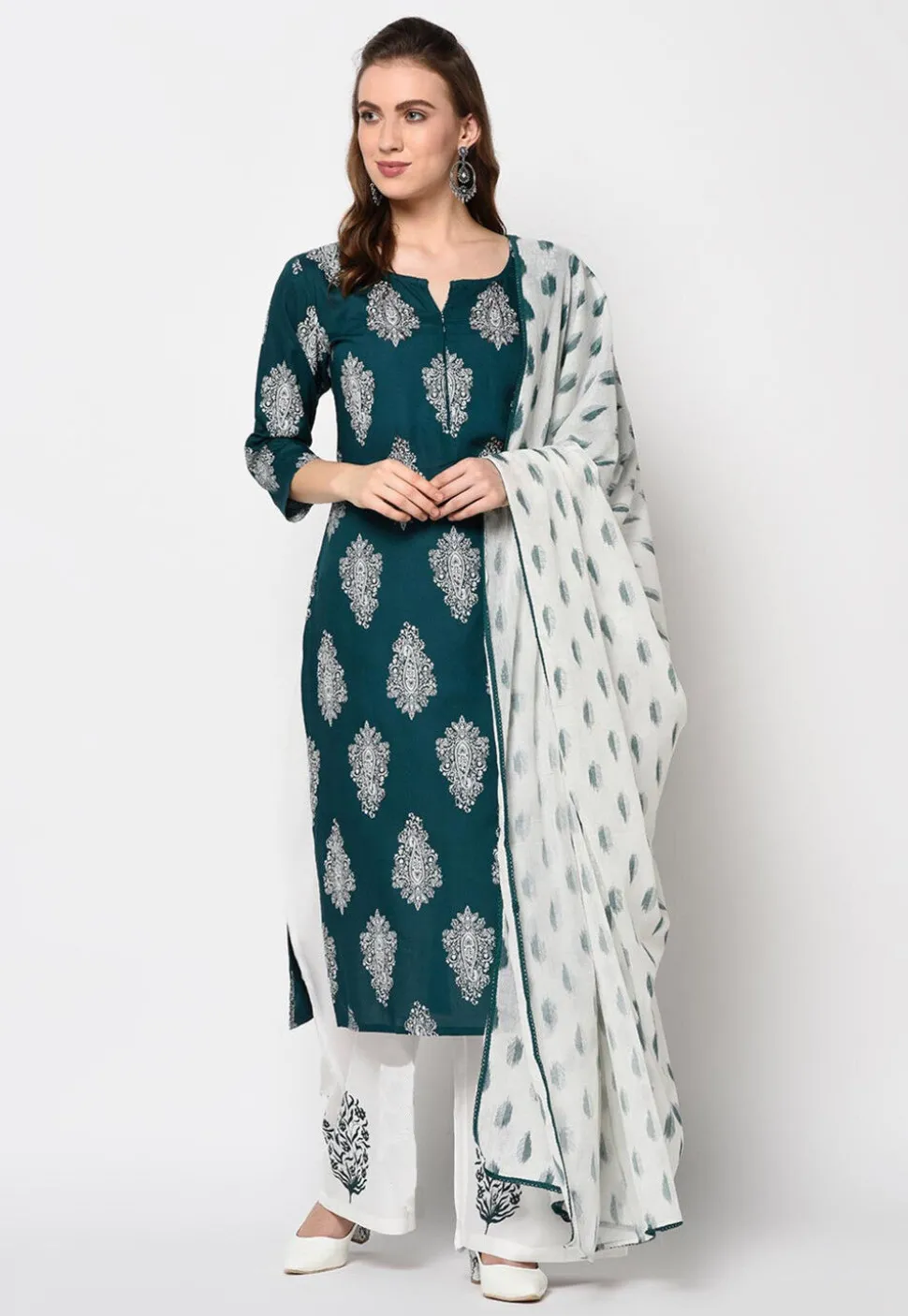 Printed Rayon Pakistani Suit in Dark Teal Green