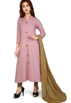 Printed Rayon Slub A Line Suit in Pink