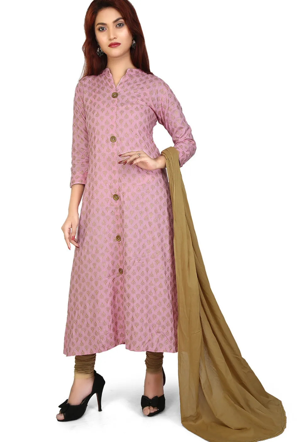 Printed Rayon Slub A Line Suit in Pink