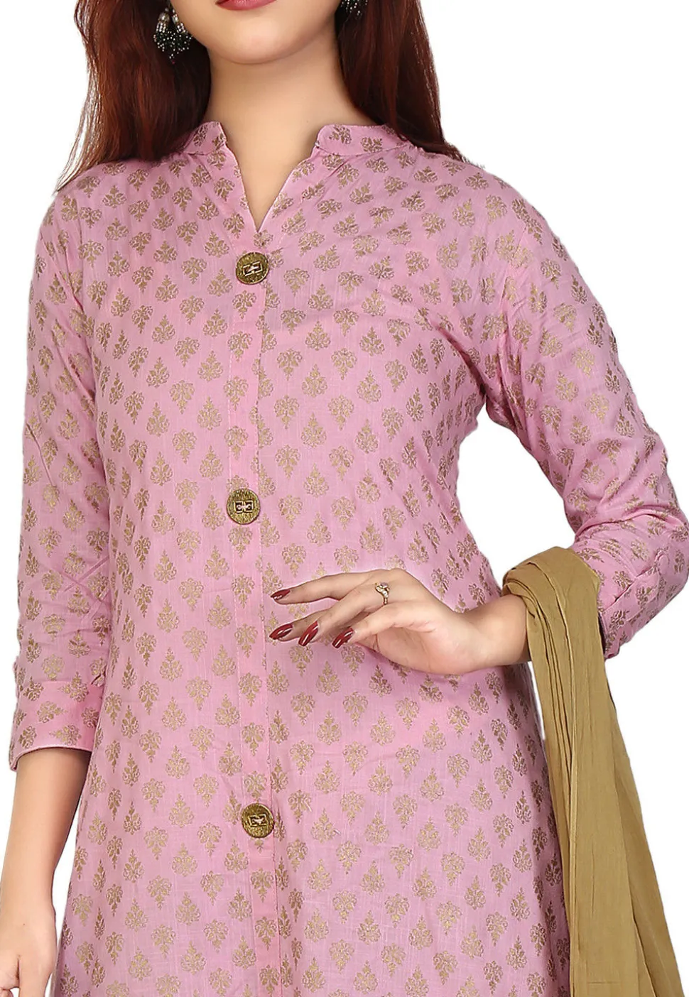 Printed Rayon Slub A Line Suit in Pink