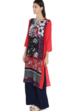 Printed Rayon Straight Kurta in Multicolor and Red
