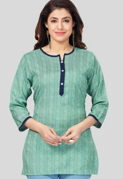 Printed Rayon Straight Kurti in Teal Green