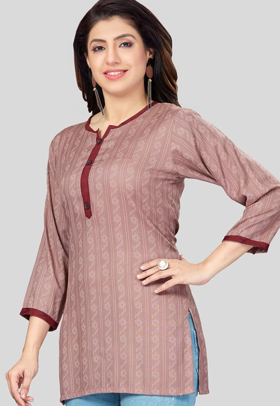 Printed Rayon Straight Kurti in Old Rose