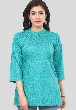 Printed Rayon Straight Kurti in Turquoise