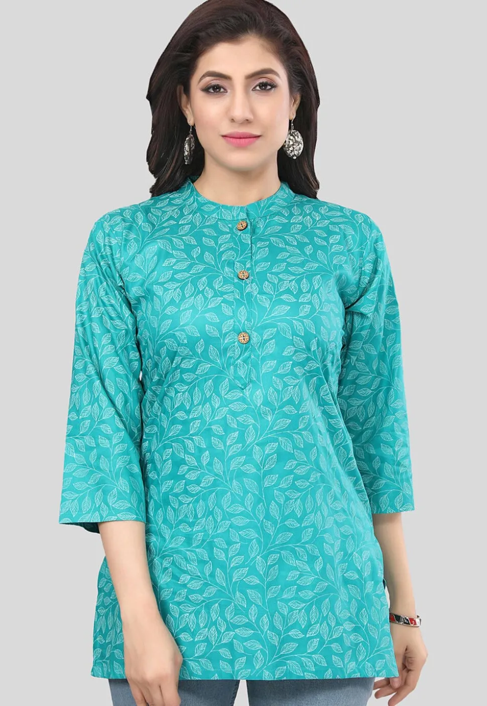 Printed Rayon Straight Kurti in Turquoise
