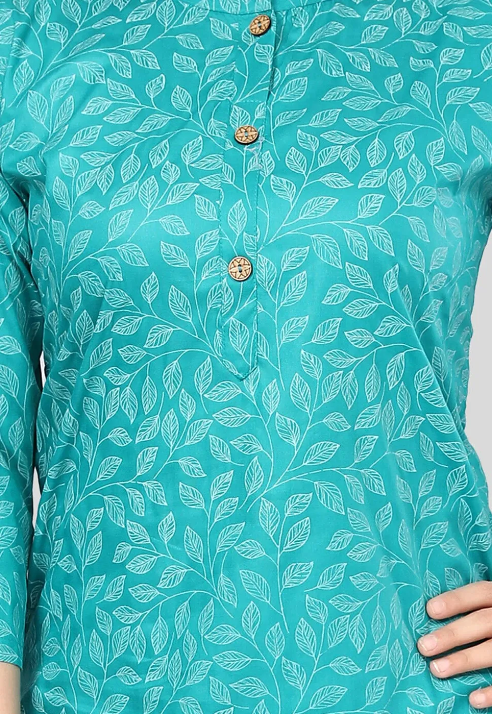 Printed Rayon Straight Kurti in Turquoise