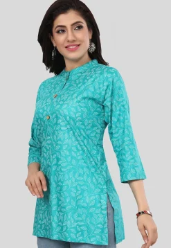 Printed Rayon Straight Kurti in Turquoise