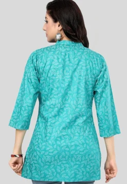 Printed Rayon Straight Kurti in Turquoise